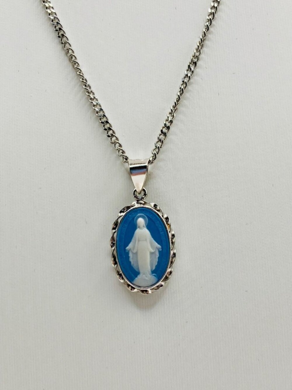 Blue Cameo Miraculous Medal Necklace Sterling Silver Frame on Stainless Steel Ch - Picture 3 of 7